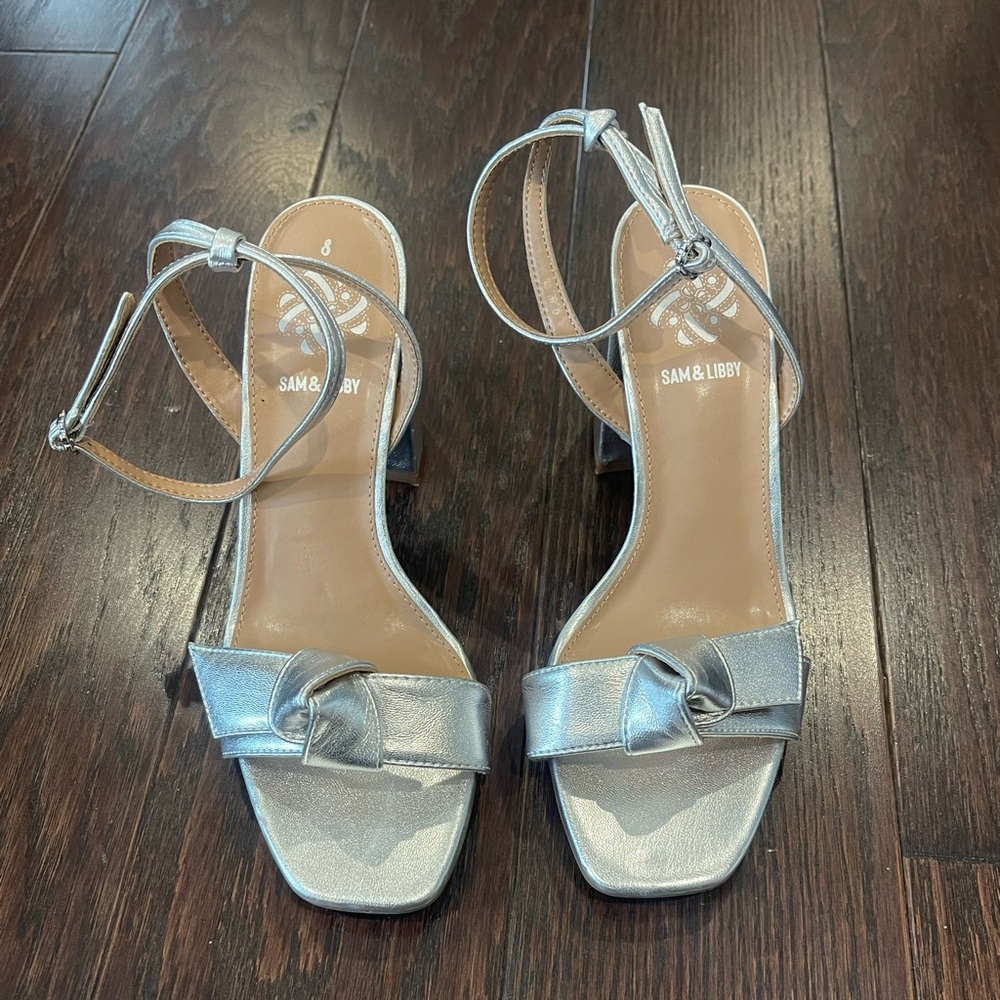 Sam & Libby Jordan Silver Open Toe Ankle Strap Block High Heels Womens Size 8